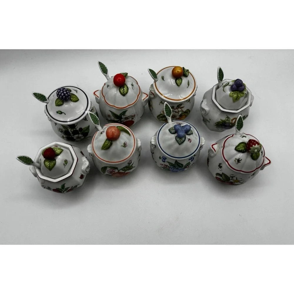 Vintage 1991 Lenox Orchard Porcelain Jam/Jelly Jars - Set of 8 with 8 spoons